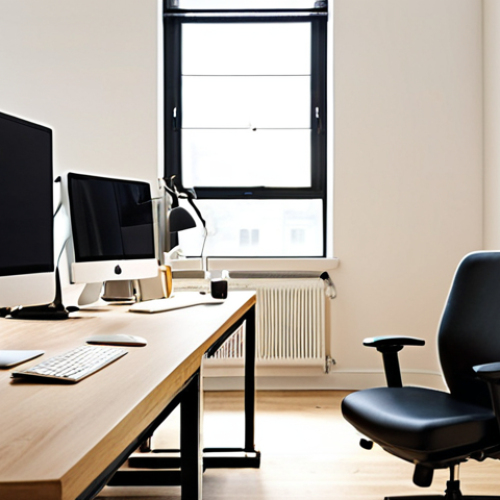 Home 11 **
"A brightly lit, modern office space. An employee is using a height-adjustable desk, standing comfortably while working on a computer. An ergonomic chair is visible nearby. Soft, natural light fills the room, contributing to a healthy and productive atmosphere. Focus on well-being and ergonomics in the workplace."
**