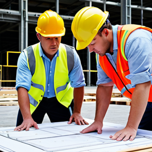 Home 6 **A workplace safety hazard assessment in progress:** *A construction site scene. A diverse team (including safety manager, workers) reviewing blueprints, pointing at potential hazards (exposed wiring, slippery surface). Visual elements: Safety vests, hard hats, checklist, blueprints, realistic rendering.*
