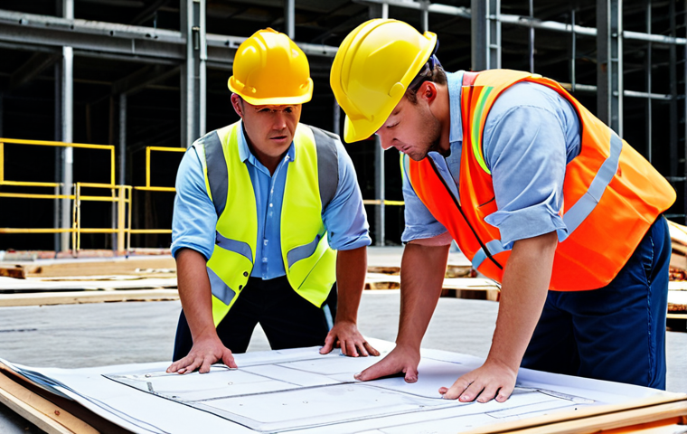 **A workplace safety hazard assessment in progress:** *A construction site scene. A diverse team (including safety manager, workers) reviewing blueprints, pointing at potential hazards (exposed wiring, slippery surface). Visual elements: Safety vests, hard hats, checklist, blueprints, realistic rendering.*