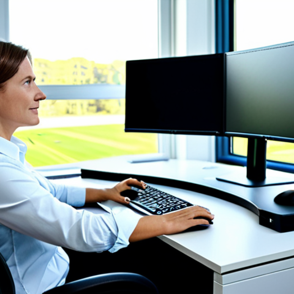 Ergonomic Office Workspace**

"A bright, modern German office. A professional woman, fully clothed in appropriate business attire, sits at an adjustable ergonomic desk. The setup includes a properly positioned monitor, ergonomic keyboard, and supportive chair. She maintains a correct posture. Sunlight streams through a large window overlooking a park.  Focus on health and wellbeing at the workplace. safe for work, appropriate content, fully clothed, professional, perfect anatomy, correct proportions, natural pose, well-formed hands, proper finger count, natural body proportions, professional photography, high quality."

**