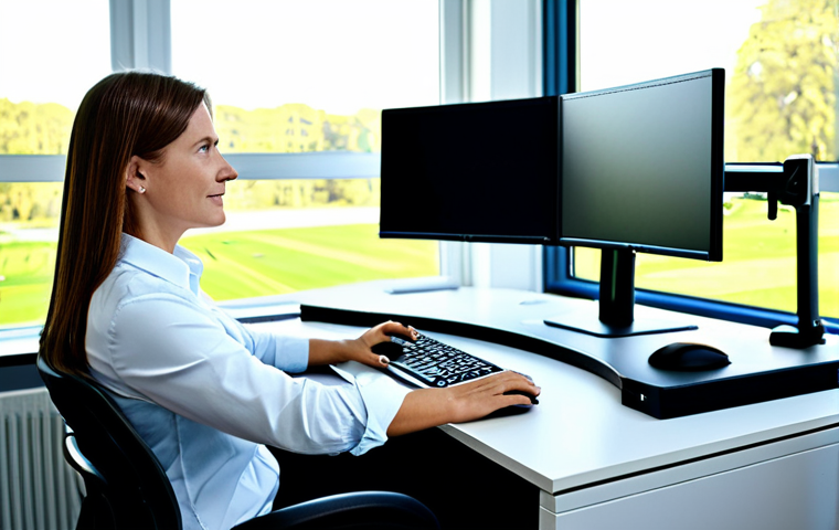 Ergonomic Office Workspace**
"A bright, modern German office. A professional woman, fully clothed in appropriate business attire, sits at an adjustable ergonomic desk. The setup includes a properly positioned monitor, ergonomic keyboard, and supportive chair. She maintains a correct posture. Sunlight streams through a large window overlooking a park. Focus on health and wellbeing at the workplace. safe for work, appropriate content, fully clothed, professional, perfect anatomy, correct proportions, natural pose, well-formed hands, proper finger count, natural body proportions, professional photography, high quality."
**