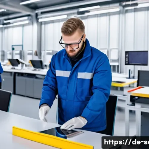 산업안전분야의 국가별 안전 기준 비교 - A modern German industrial workplace scene emphasizing strict occupational safety measures: workers ...