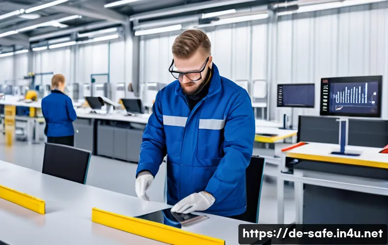 산업안전분야의 국가별 안전 기준 비교 - A modern German industrial workplace scene emphasizing strict occupational safety measures: workers ...