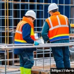 산업안전기사와 고소작업 안전 대책 - A detailed construction site scene in Germany showing workers wearing full personal protective equip...