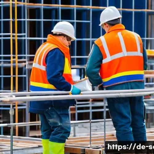 산업안전기사와 고소작업 안전 대책 - A detailed construction site scene in Germany showing workers wearing full personal protective equip...