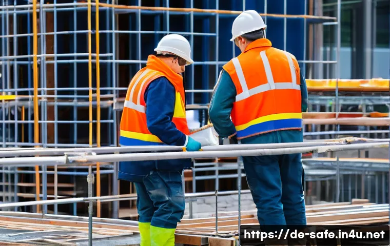산업안전기사와 고소작업 안전 대책 - A detailed construction site scene in Germany showing workers wearing full personal protective equip...