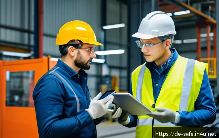 산업안전기사와 건설안전기사의 차이점 - A professional safety engineer in an industrial factory setting, wearing a high-visibility safety ve...