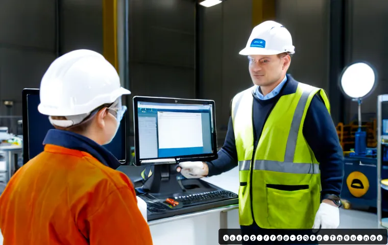 산업안전기사와 건강 진단 프로그램 - Photorealistic German industrial safety engineer in clean protective workwear and helmet conducting ...